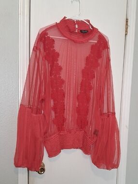 Rouge Collection Sheer Mesh Red Lace Embellished Smocked Dressy Top Sz 3X